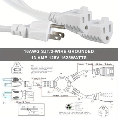 125V 13A 電源コード NEMA5-15P から NEMA 5-15R 1 から 2 Y スプリッタ SJT 16AWG 3 ワイヤー