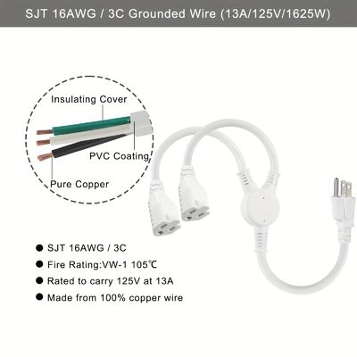 125V 13A 電源コード NEMA5-15P から NEMA 5-15R 1 から 2 Y スプリッタ SJT 16AWG 3 ワイヤー