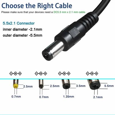 1M/1.2M 22AWG 銅直流延長ケーブル 90度 右角ジャック 5.5*2.5mm