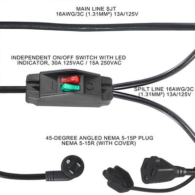 選択可能 125V 15A NEMA 5-15 515 へのプラグ 2 つの出口 US 3Pin オンオフ スイッチ 電力延長コード Y スプリッター