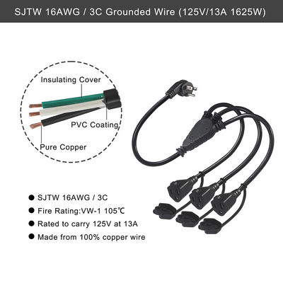 NEMA 5-15P 3x5-15R Y スプリッター電源コード 3FT 16AWG ゴムジャケット