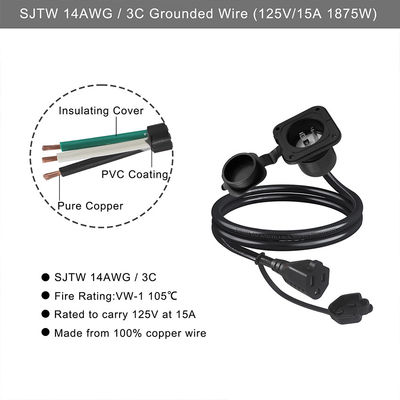 NEMA 5-15R 防水変換電源コード 1M 15A 125V