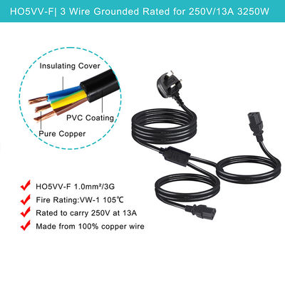 BSI 承認 Y 支部延長ケーブル UK 3Pin to IEC C13 女性ソケット供給コード