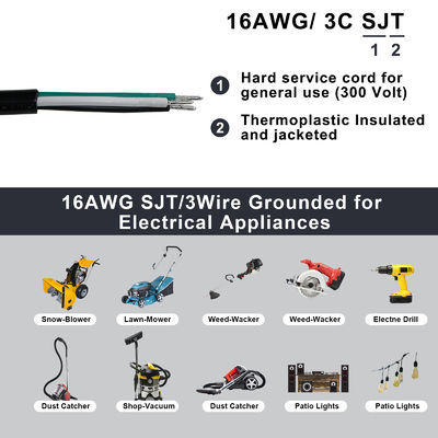 NEMA 5-15P から 10MM 電源抜き延長ケーブル SJT SJTW 3ワイヤーケーブル