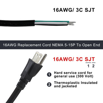NEMA 5-15P から 10MM 電源抜き延長ケーブル SJT SJTW 3ワイヤーケーブル