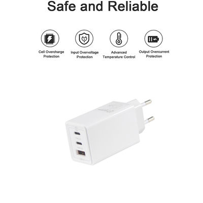 ヨーロッパのGAN Tech 3ポート 65W USB C USB-A QC3.0 ラップトップ用の充電器 ホワイト