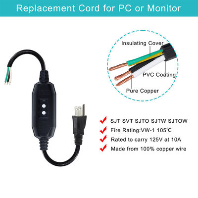 工業用重用 18AWG NEMA 5-15P 電源コード RCD 保護と機械/家電用用の無線先端