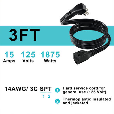 14 AWG SPT-3 フラットワイヤ電源コード NEMA 5-15P から 5-15R 直刃プラグ 15A 125V 工業用/家庭用柔軟ケーブル