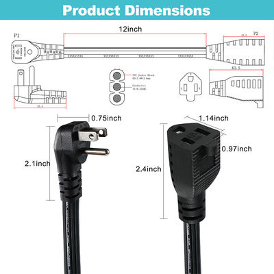 14 AWG SPT-3 フラットワイヤ電源コード NEMA 5-15P から 5-15R 直刃プラグ 15A 125V 工業用/家庭用柔軟ケーブル