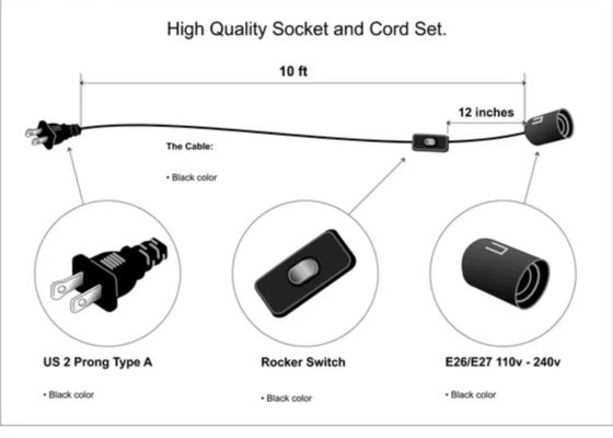 NEMA 1-15P - E27ソケット変換ケーブル、303スイッチ付き - 125V 10A