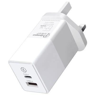 USB-CおよびUSB-Aポート付きUK 2ピン壁充電器、65Wデュアルポート高速電源アダプター（ラップトップ/電話/タブレット用）