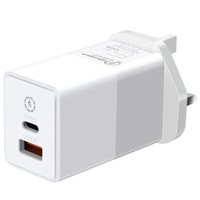 USB-CおよびUSB-Aポート付きUK 2ピン壁充電器、65Wデュアルポート高速電源アダプター（ラップトップ/電話/タブレット用）