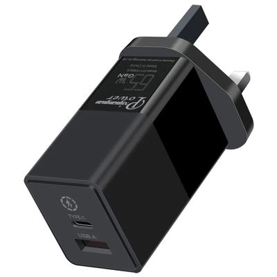 USB-CおよびUSB-Aポート付きUK 2ピン壁充電器、65Wデュアルポート高速電源アダプター（ラップトップ/電話/タブレット用）
