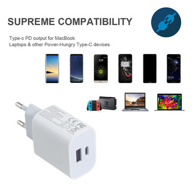 USB-CおよびUSB-Aポート付きEU 2ピン壁充電器、20Wコンパクトデュアルポート電源アダプター、携帯電話とタブレットの充電用