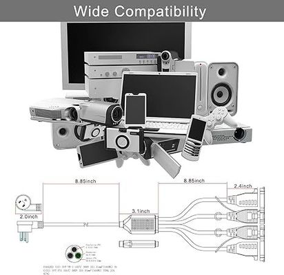 NEMA 5-15P - 2/4口 USコンセント電源分配コード - 125V AC Y字型延長ケーブル (家庭、オフィス、ワークベンチ、充電器用)