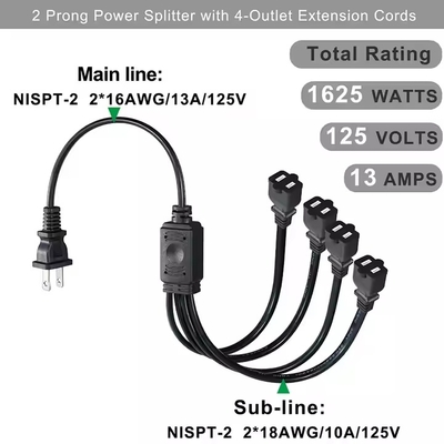 1〜4 NEMA 1-15P フラットプラグ パワースプリッタ - 空間節約 125V 15A マルチ・アウトレット拡張子