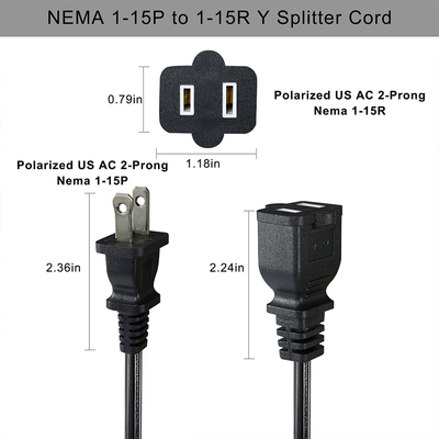 NEMA 1-15P から 1-15R 2 端の延長コード 110V-250V 銅 PVC