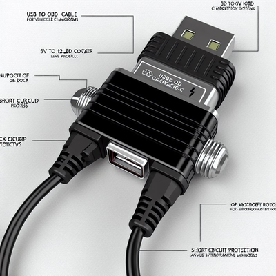 5Vから12V USB OBD電圧ブースターケーブル、短絡保護付き