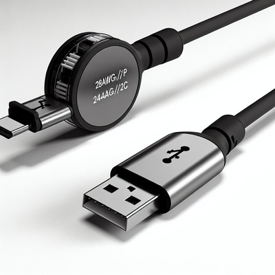 28AWG 1P 24AWG 2C 格納式 USB Type C 急速充電ケーブル