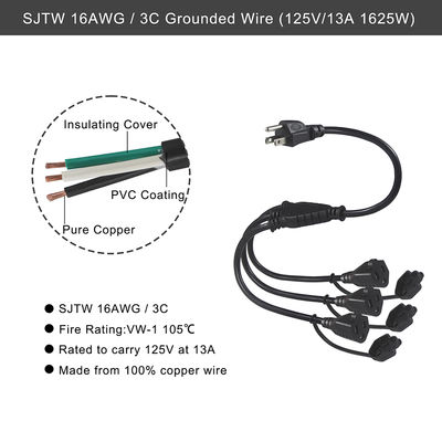 NEMA 5-15P から 3 方向 5-15R パワー スプリッタ SJTW 16AWG