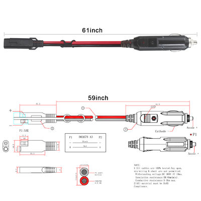 12V SAE to Car Cigarette Lighter Cable with 15A Fuse