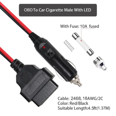 自動車用スキャナーコードリーダーECUのためのシューズを持つOBD2コネクタ診断電源ケーブルへの12V自動車タバコ点火器プラグ